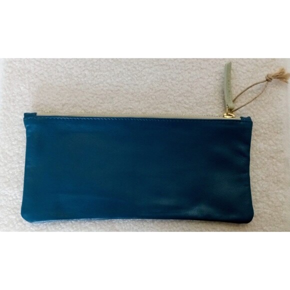 Anthropologie "Creme de la Creme" Blue Leather Gold Zipper Pouch 9 in x 4 in - Picture 4 of 9